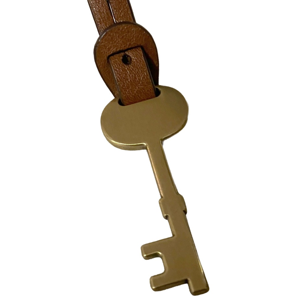 Fossil Bag Key Charm Brown Leather Strap Gold Tone Skeleton Key Replacement - Picture 3 of 4